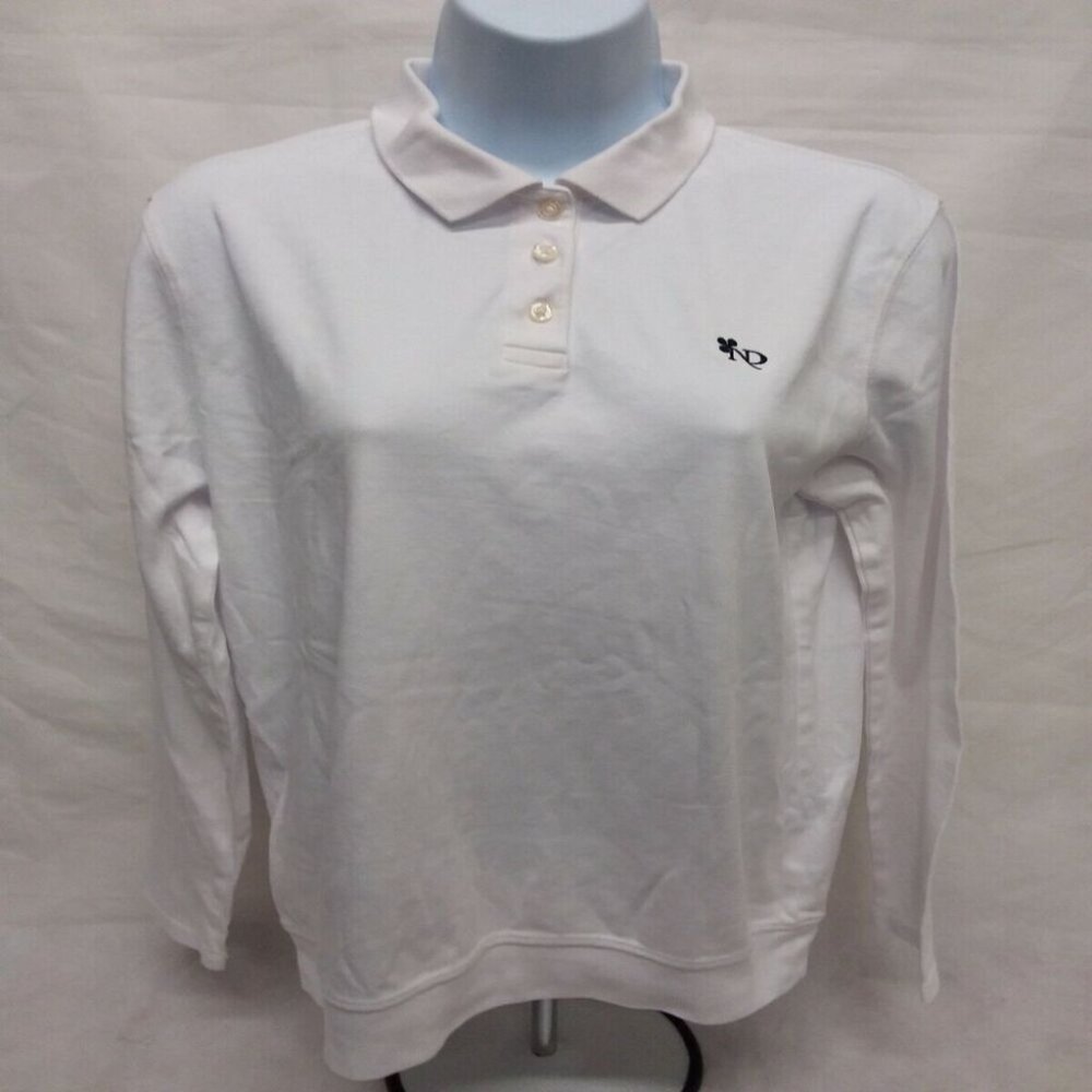 Women's Small Lands' End Notre Dam Long Sleeve Solid White Polo Shirt